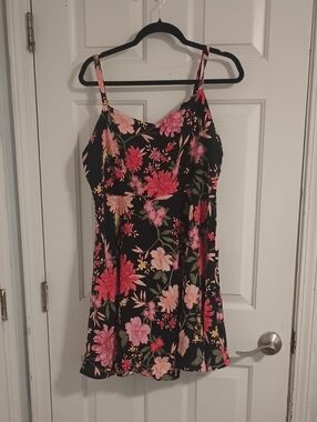 Black Floral Slip Dress with Pink & Green Blooms